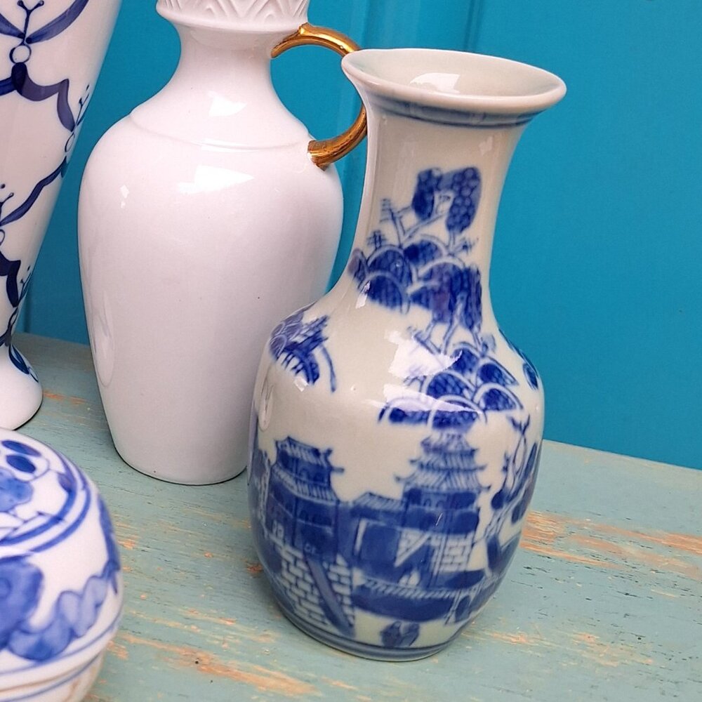 Vintage Porcelain Bud Vase Hand Painted Ancient Chinese Makers Mark Blue Decor